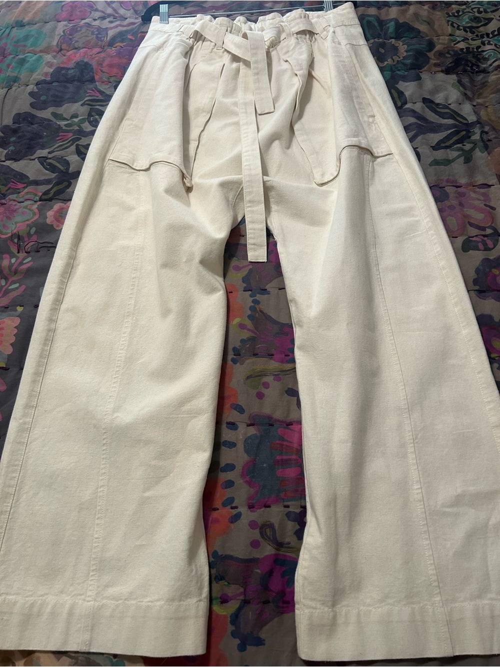 Unique High-Rise Wide Leg Harem Cream Pants w/Tie Waist and Welt Pockets